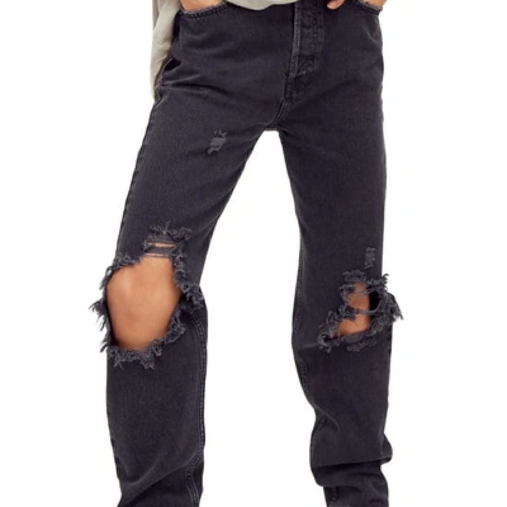 Free People The Lasso Jeans Women's Size 26 Black Denim Distressed Straight Leg